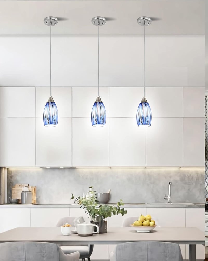 karyfine Mini Art Glass Dark Blue Pendant Lights Kitchen Island Hand Blown Mini Glass Pendant Lights with Brush Nickel Finish Adjustable Cord for Kitchen Over Sink,Hallway,Dining Room,Stairsway - Image 4